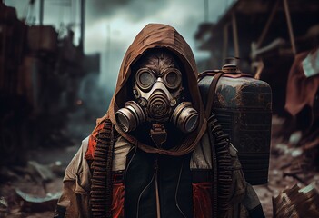 scène post apocalyptique avec un personnage de dos. Generative AI