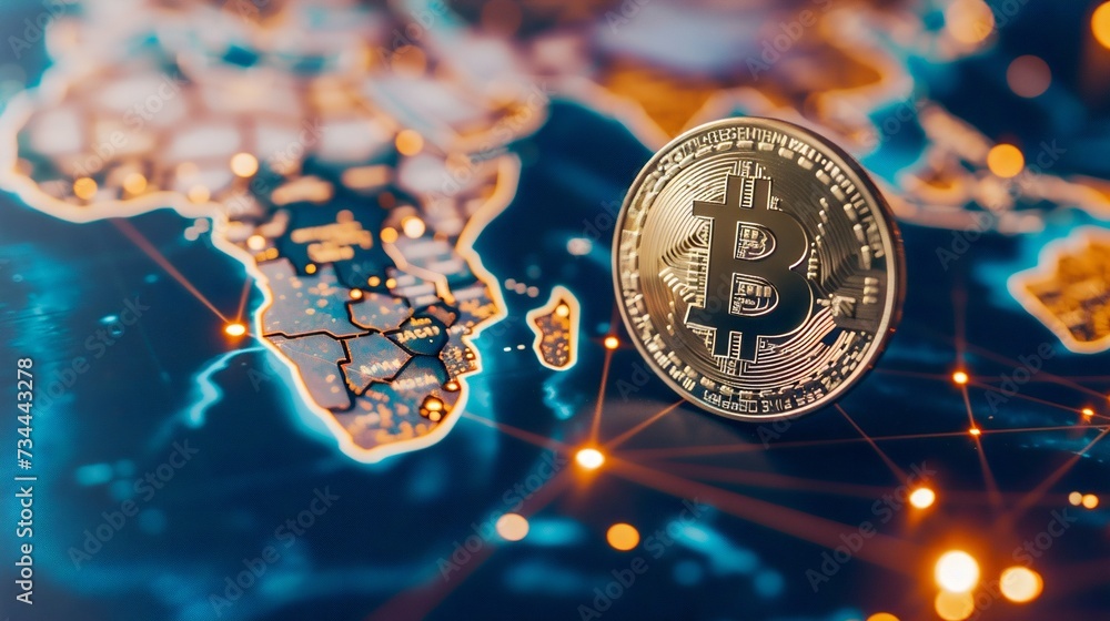 Poster global cryptocurrency network concept with bitcoin. generative ai