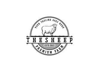 Sheep wool factory emblem template. Sheep head. Design element for logo, label,sign. Vector image