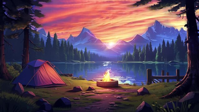 Animated illustration of a camping tent by the lake, with sunrise and mountain views. 4k loop animation with anime cartoon or digital painting style. Background animation.