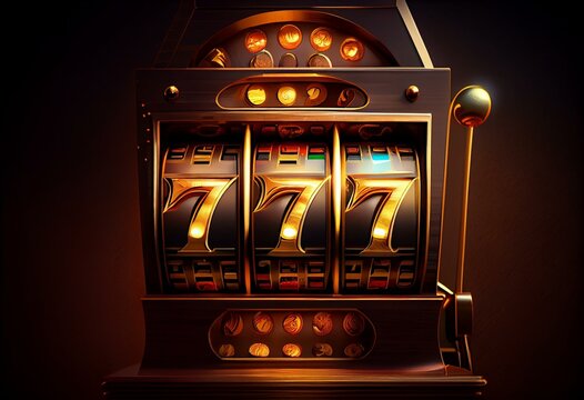 Casino banner, slot machine with 777 symbols and golden coin. Generation AI. Generative AI