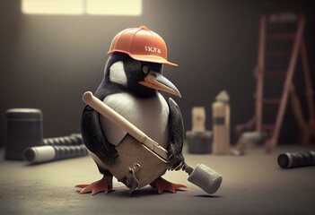 3d Penguin in baseball cap with spanner. Generative AI