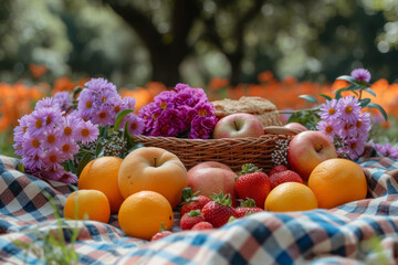 A picnic in a blooming garden, with a checkered blanket and an assortment of fresh fruits and snacks, symbolizing the simple pleasures of outdoor leisure. Concept of garden picnics. Generative Ai.