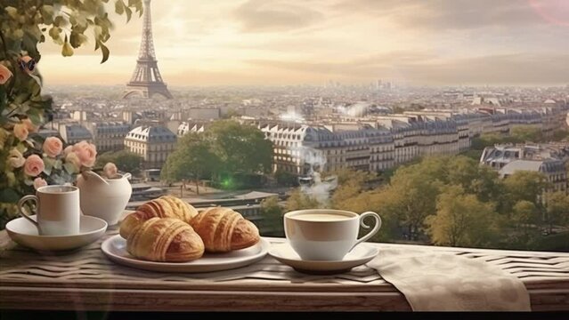 fresh coffee with snacks and landscape. seamless looping overlay 4k virtual video animation background 