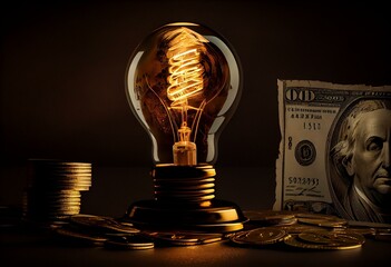 Abstract electric lamp and dollar, gold coins. Generative AI