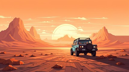 Fototapeta na wymiar Travel car on the desert in the summer 