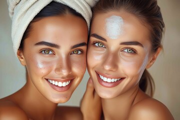 A vibrant group of women exude confidence and relaxation as they pose indoors with towels wrapped around their heads, their beaming smiles accentuated by flawless skin, perfectly groomed eyebrows, lu - obrazy, fototapety, plakaty