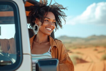 A carefree woman radiantly smiles while driving through the vast desert landscape, her face reflected in the car's mirror, as she enjoys the freedom of the open road and the endless sky above - obrazy, fototapety, plakaty