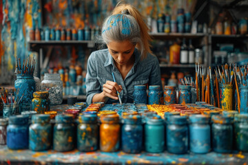 A creative DIY workshop, where participants engage in crafting and artistic expression, fostering a sense of creativity and accomplishment. Concept of DIY artistry. Generative Ai.