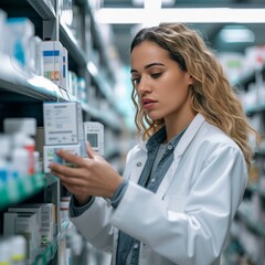 A confident woman in a pristine white coat gazes thoughtfully at a product, her face illuminated with determination as she stands between the indoor and outdoor sections of a bustling pharmacy store