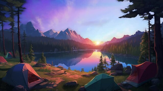 Animated illustration of a camping tent by the lake, with sunrise and mountain views. 4k loop animation with anime cartoon or digital painting style. Background animation.