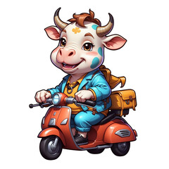 cartoon cow riding a vespa motorbike
