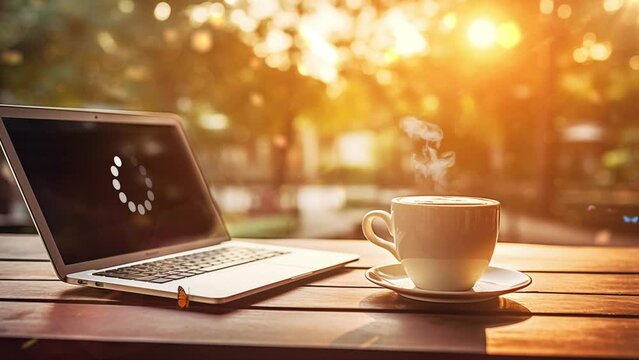 hot coffee smart phone and laptop in relax day. cup of coffee and laptop. seamless looping overlay 4k virtual video animation background 