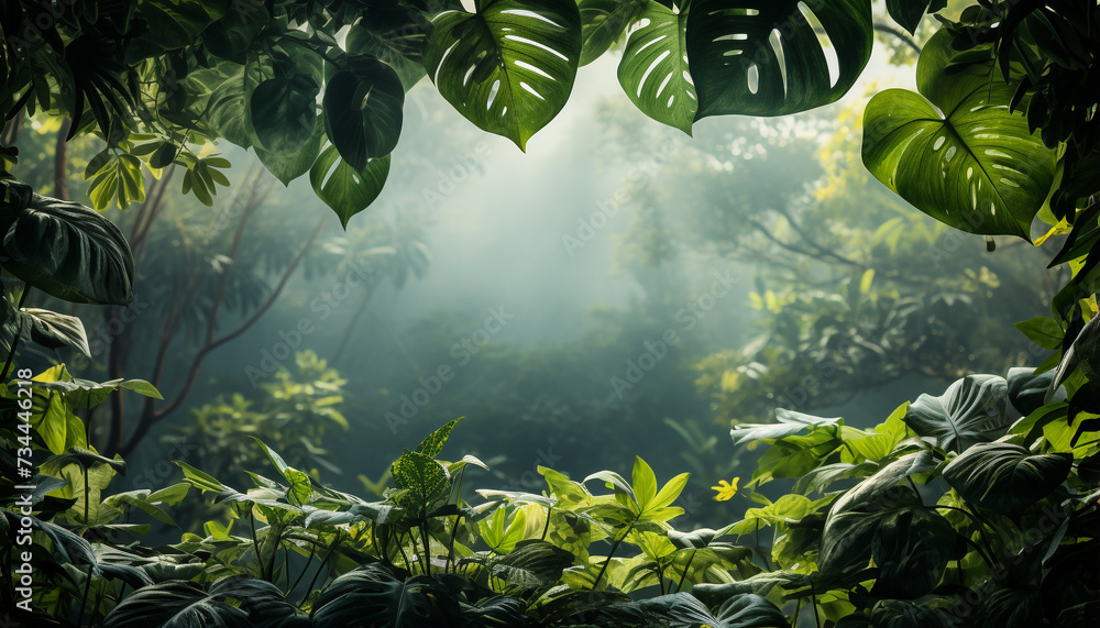 Canvas Prints freshness of green leaves in tropical rainforest under sunlight generated by ai