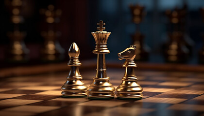 Chess board, king, pawn, knight, rook, battlefield, leadership, teamwork, strategy generated by AI