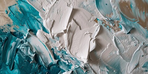 Close-up abstract painting combines light blue and white colors in an impasto style