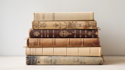 Vintage hardcover books stacked with ornate designs