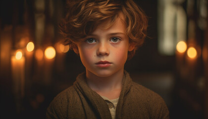 A cute boy smiling, looking at camera, indoors, illuminated by flame generated by AI