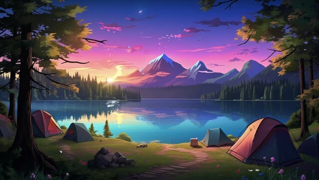 Animated illustration of a camping tent by the lake, with sunrise and mountain views. 4k loop animation with anime cartoon or digital painting style. Background animation.