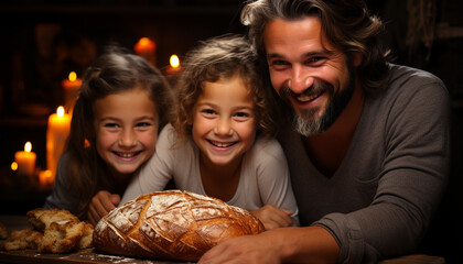 A cheerful family baking bread, smiling and looking at camera generated by AI