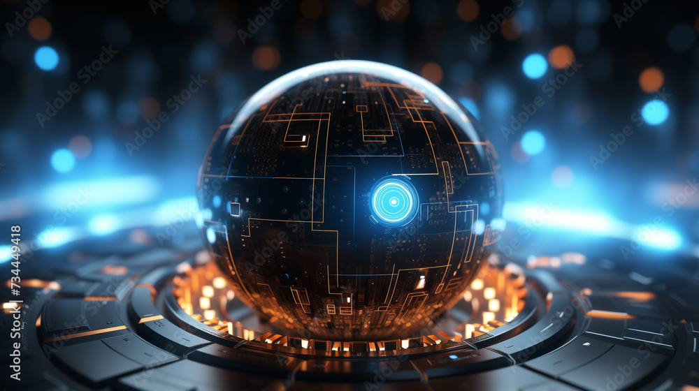 Aufkleber futuristic technology globe abstract background, blue and brown glowing binary circuit lines on 3d b