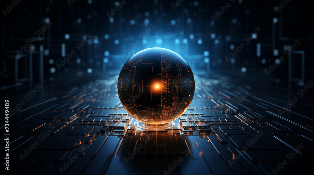 Aufkleber futuristic technology globe abstract background, blue and brown glowing binary circuit lines on 3d b