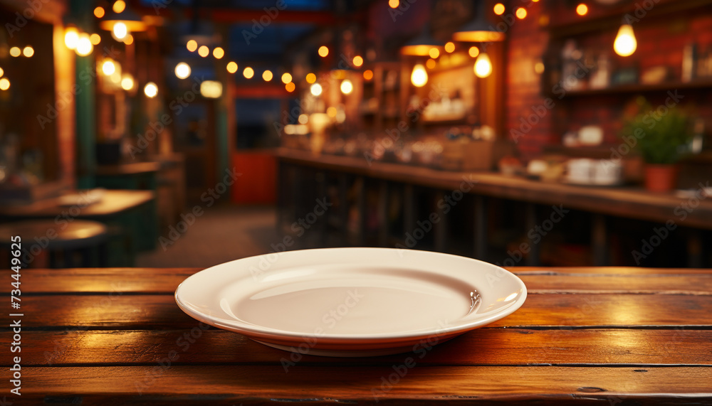Poster rustic wooden table with empty bowl, illuminated by candlelight generated by ai