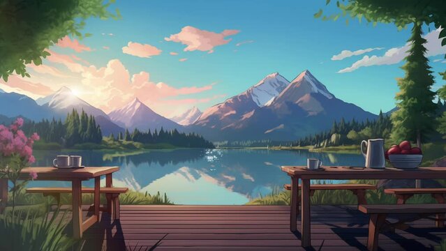Animated illustration of a cup of coffee by the lake with a view of the mountains. 4k loop animation with anime cartoon or digital painting style. Background animation.