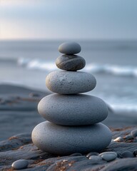 Fototapeta na wymiar rocks stacked top beach product balance proportion content zen interconnections grey background highly capsuled balanced health supporter high details