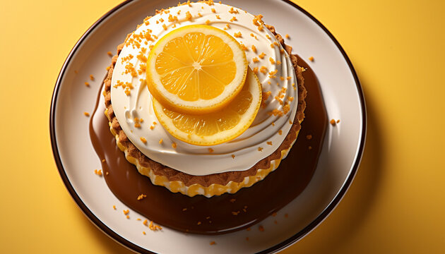 A refreshing slice of lemon on a yellow plate generated by AI