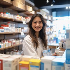 A cheerful customer stands in a pharmacy, surrounded by shelves of products, smiling at the camera with a warm expression, radiating confidence and satisfaction