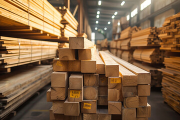 A towering pile of lumber fills the dark corners of an indoor warehouse, a reminder of the raw materials that shape our built world - obrazy, fototapety, plakaty