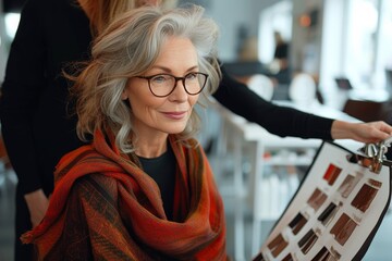 A stylish woman with glasses and a scarf exudes confidence as she smiles while holding her hair indoors
