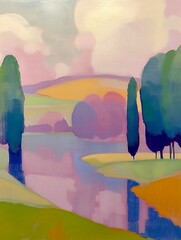 landscape trees river foreground pink hopper lavender field new objectivity