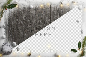 Mockup Cold Winter Nature Scene With Snow, Fairy Lights, Holly And Pinecones