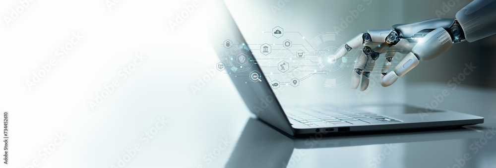 Fototapete ai, machine learning, hands of robot use laptop connected on big data network, business data analysi