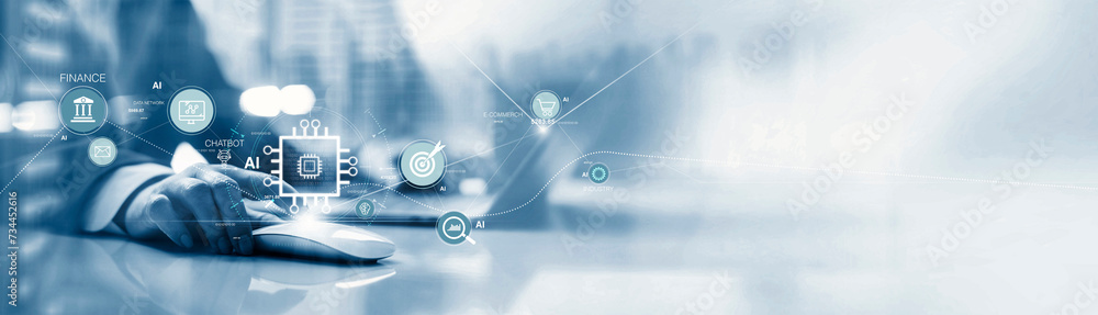 Fototapete Businessman using software technology AI. Chat bot, Smart robot AI, Artificial intelligence to support help solve work problems of business data analysis, marketing banking and financial of future.