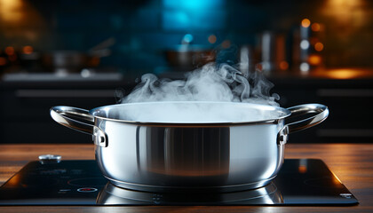 Cooking a gourmet stew on a dark stove top generated by AI