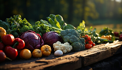 Fresh, organic vegetables on rustic wooden table, autumn harvest generated by AI - obrazy, fototapety, plakaty