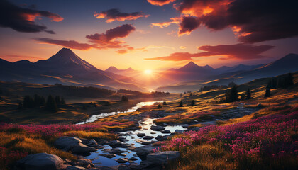 Majestic mountain peak reflects sunset, nature beauty in meadow generated by AI