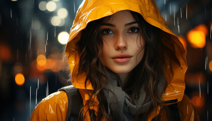 Fototapeta premium Young woman in raincoat, looking at camera, smiling in the rain generated by AI