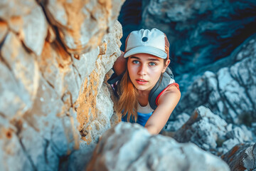 Adventurous girl with confident look climbing the mountain