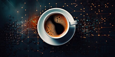 Coffee cup and beans on dark background.