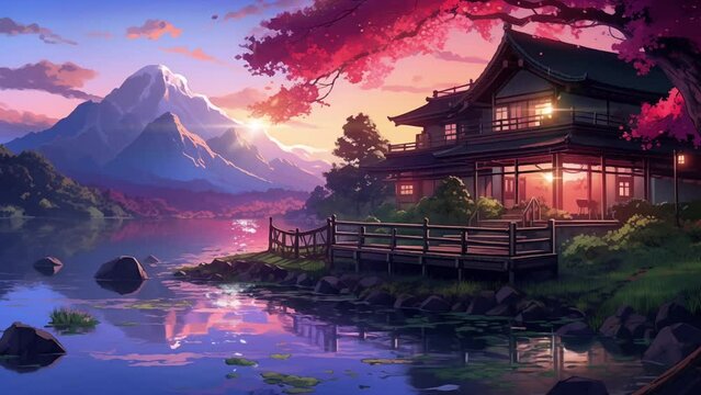 Animated illustration of an Asian style house building with a flowing river. 4k loop animation with anime cartoon or digital painting style. Background animation.