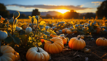 Autumn sunset paints vibrant pumpkin lanterns in nature meadow generated by AI