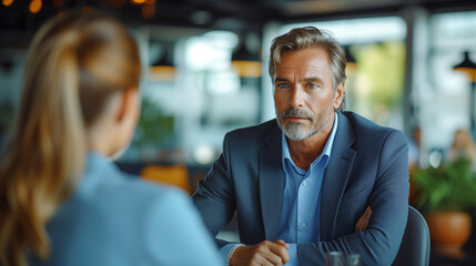 Fototapeta premium Happy middle aged professional business man executive hr or bank manager, lawyer or financial advisor having job interview or business conversation consulting client