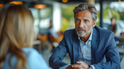 Fototapeta premium Happy middle aged professional business man executive hr or bank manager, lawyer or financial advisor having job interview or business conversation consulting client