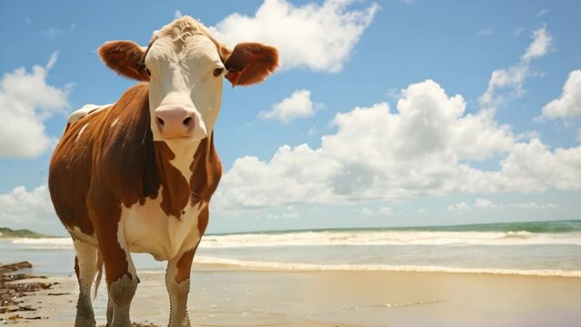 footage of a cow on the beach