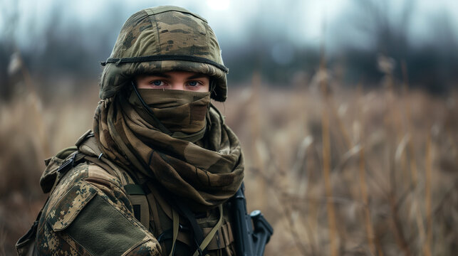 portrait of Russian soldier on battlefield