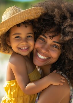 smiling woman child curly hair straw hat perfect skin tones sunlight filtering white teeth garnishment connection rituals seshat protection azo yellow matriarchy face body fun